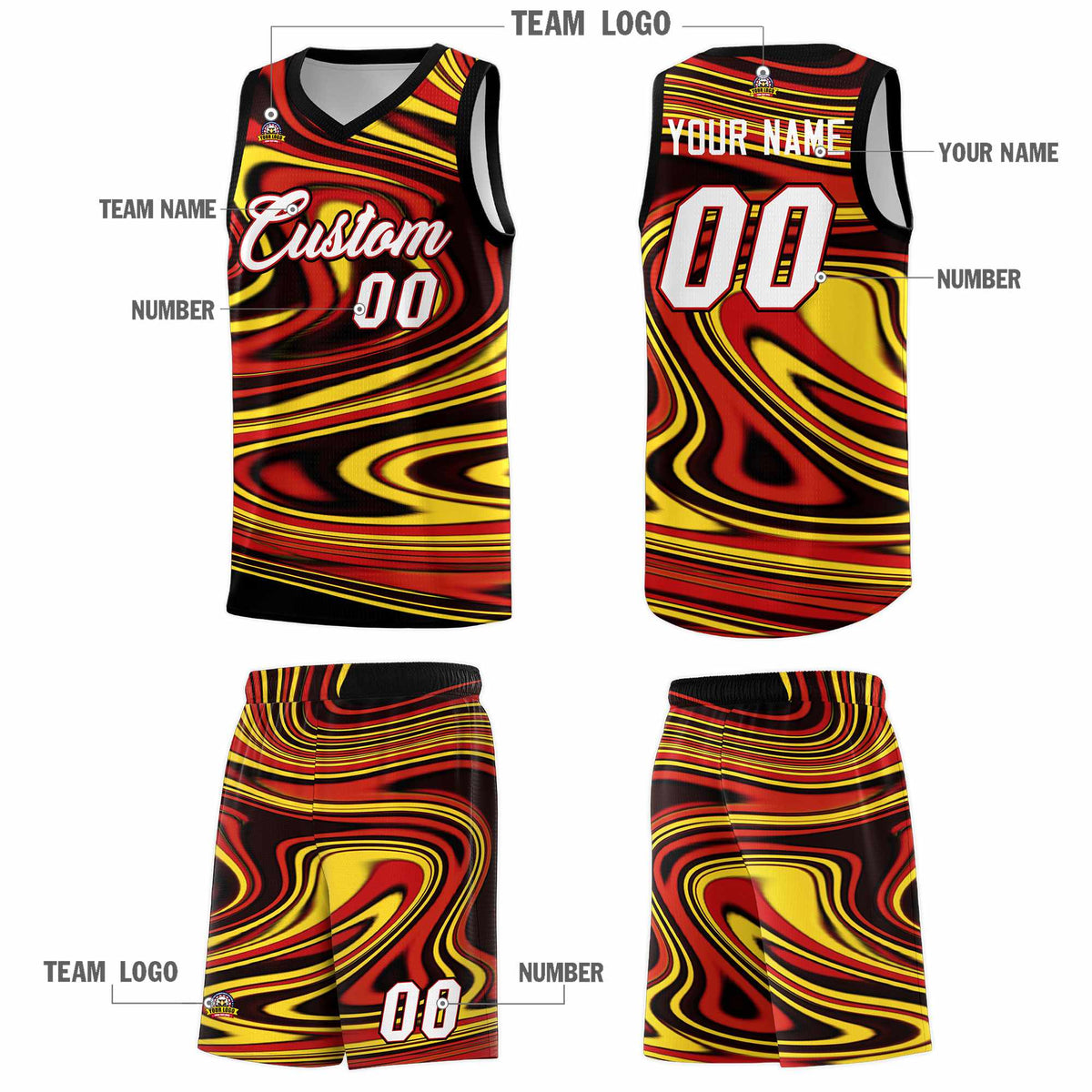 Custom Black Red Graffiti Pattern Fluids Style Sports Uniform Basketball Jersey Sets