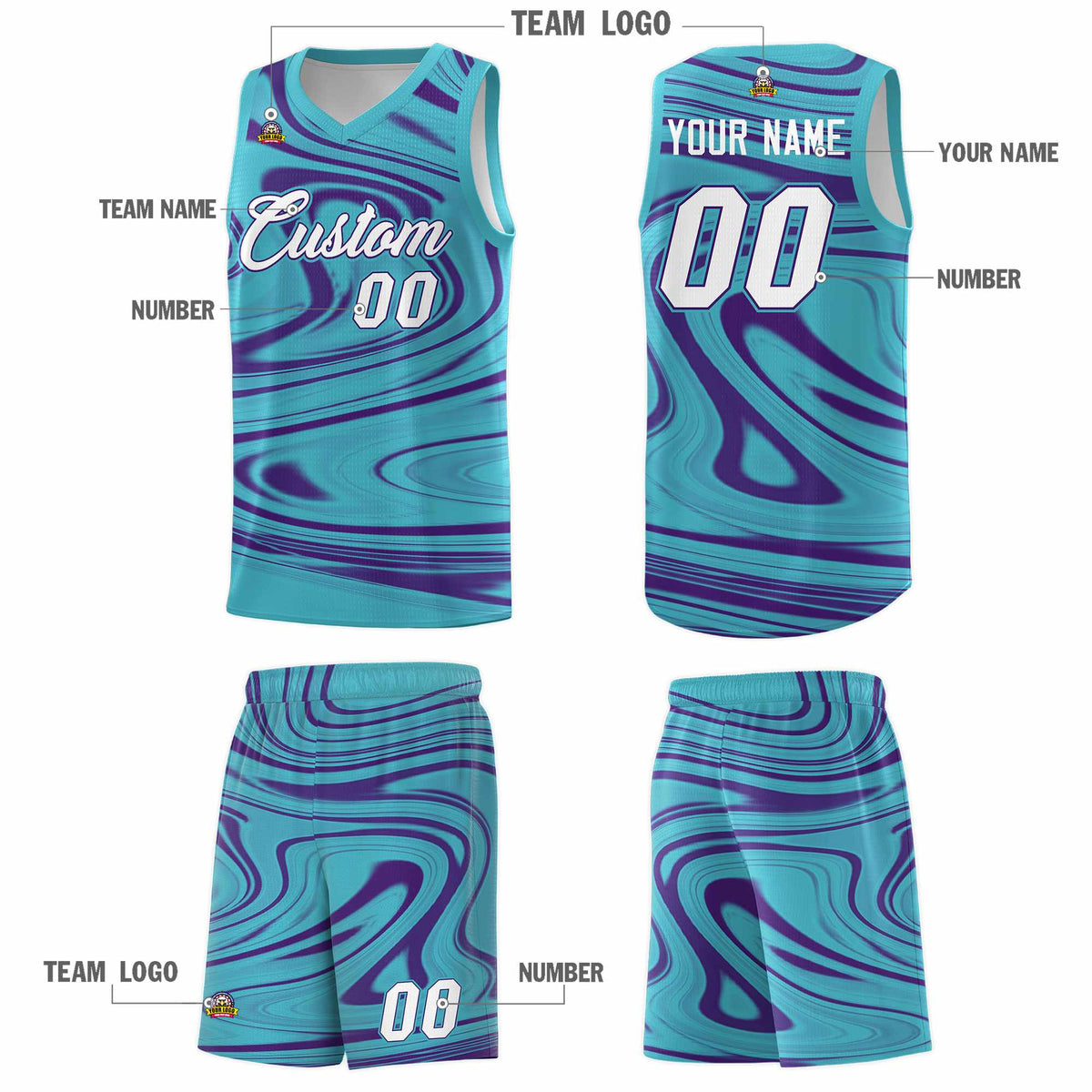 Custom Aqua Purple Graffiti Pattern Fluids Style Sports Uniform Basketball Jersey Sets