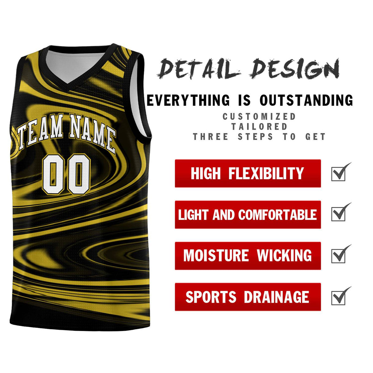 Custom Black Old Gold Graffiti Pattern Fluids Style Sports Uniform Basketball Jersey Sets