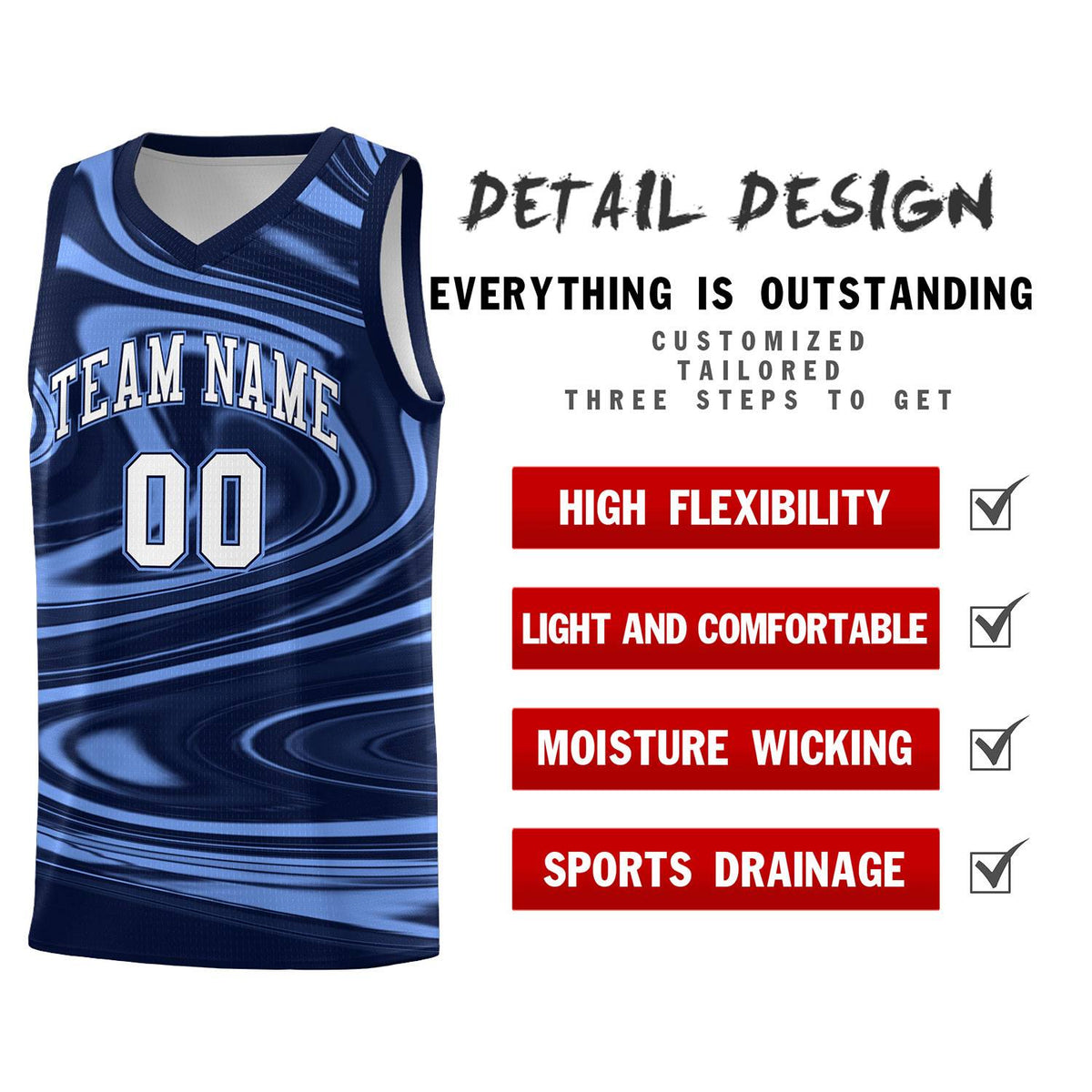 Custom Navy Light Blue Graffiti Pattern Fluids Style Sports Uniform Basketball Jersey Sets