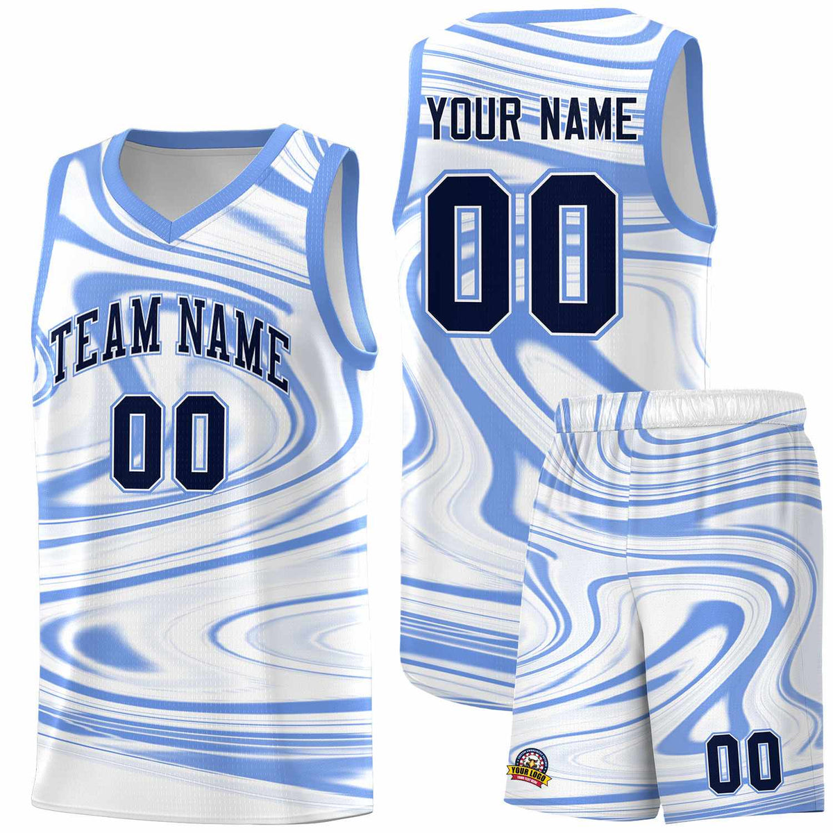 Custom White Light Blue Graffiti Pattern Fluids Style Sports Uniform Basketball Jersey Sets