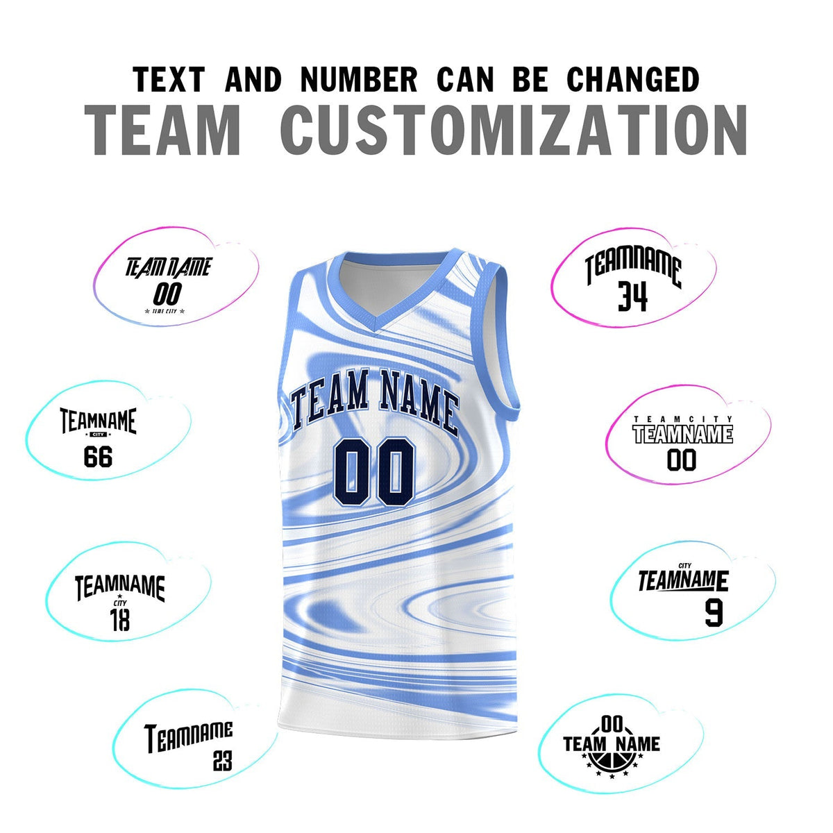 Custom White Light Blue Graffiti Pattern Fluids Style Sports Uniform Basketball Jersey Sets