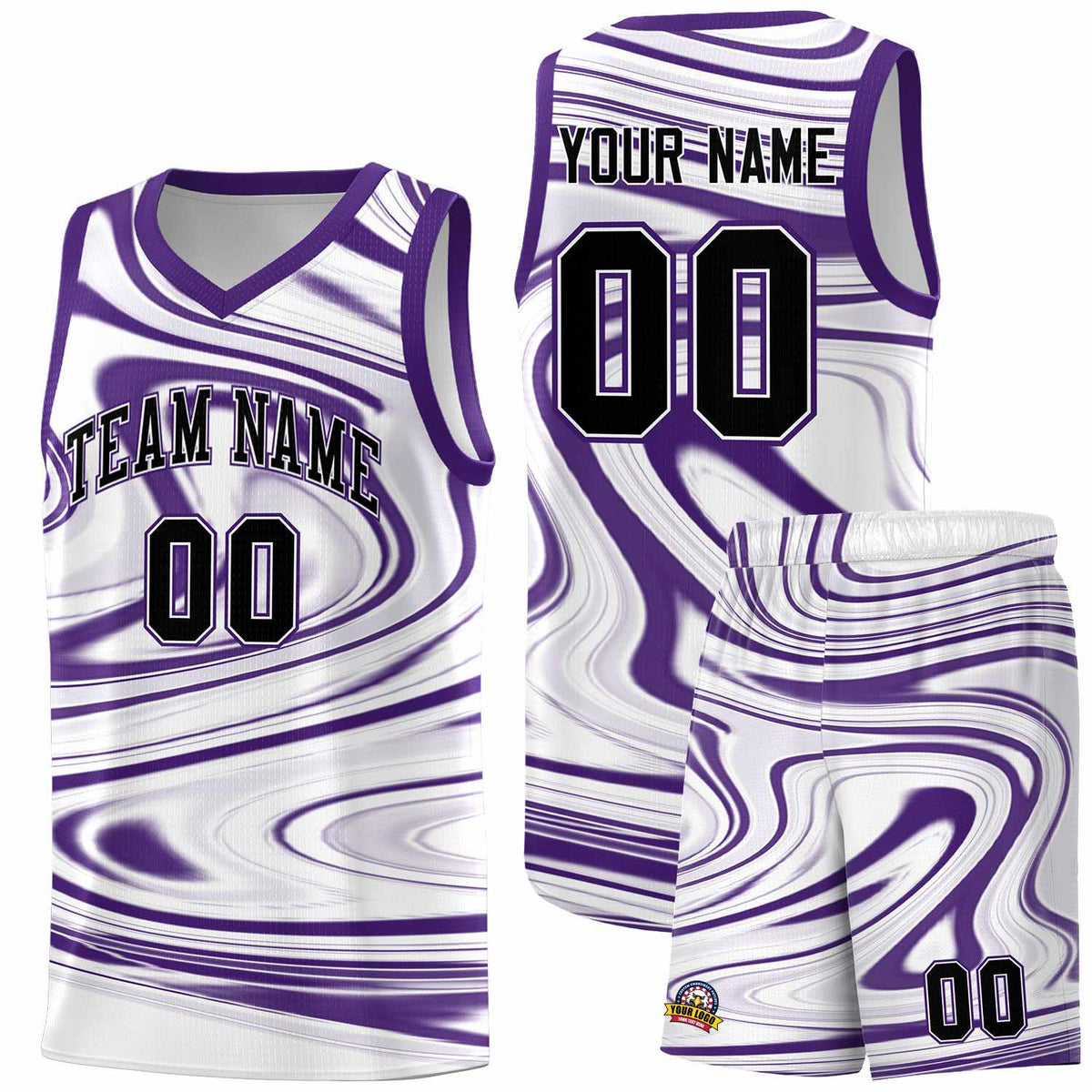 Custom White Purple Graffiti Pattern Fluids Style Sports Uniform Basketball Jersey Sets