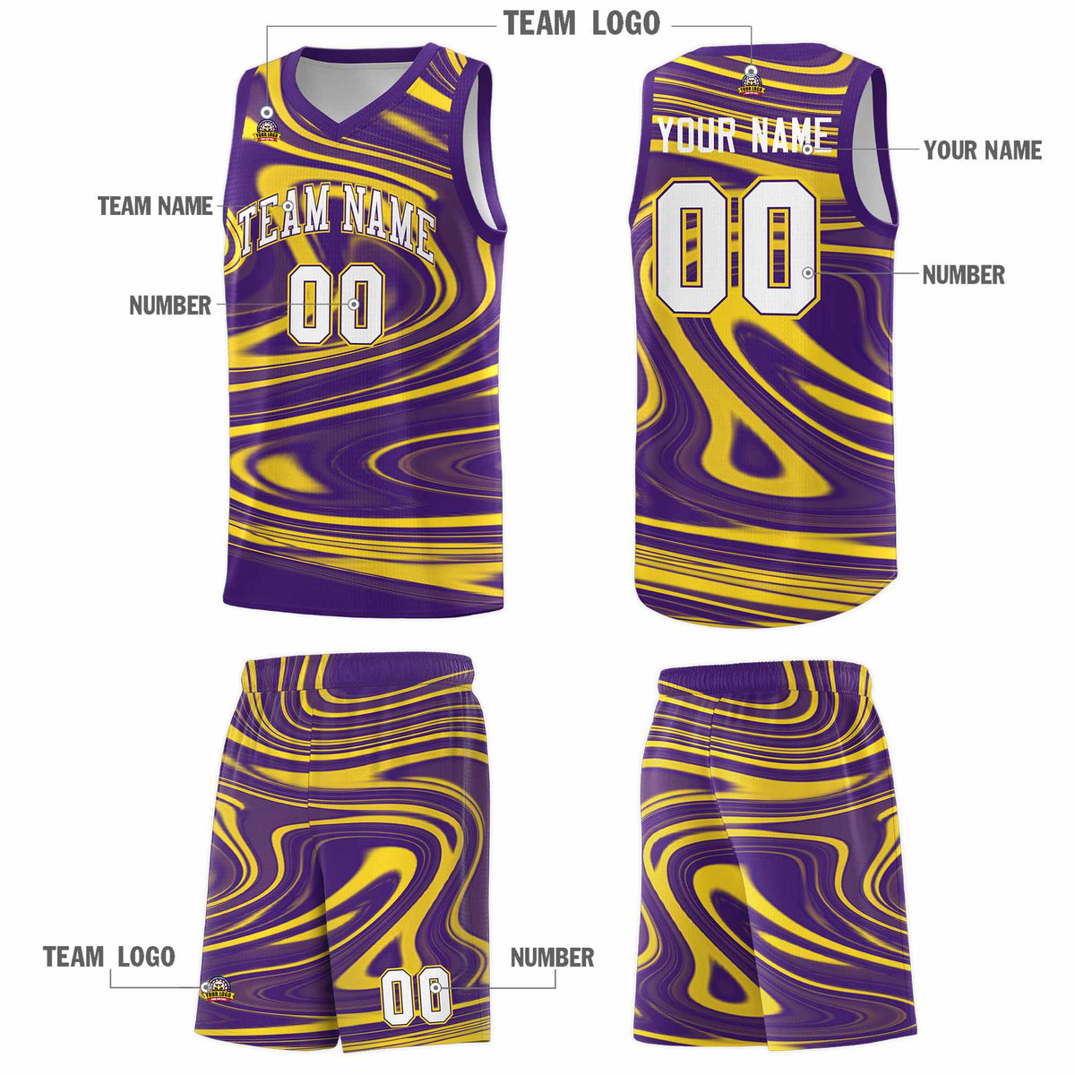 Custom Purple Gold Graffiti Pattern Fluids Style Sports Uniform Basketball Jersey Sets