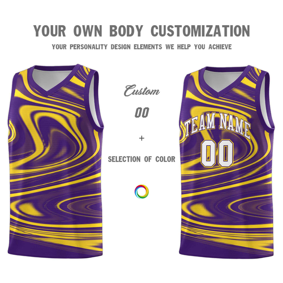 Custom Purple Gold Graffiti Pattern Fluids Style Sports Uniform Basketball Jersey Sets