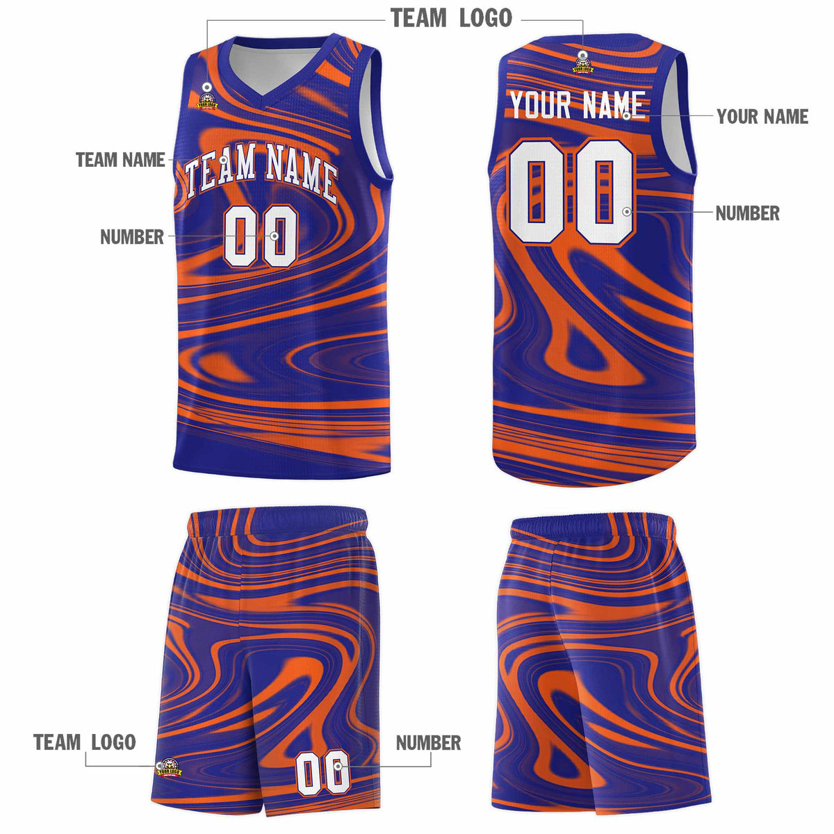 Custom Royal Orange Graffiti Pattern Fluids Style Sports Uniform Basketball Jersey Sets