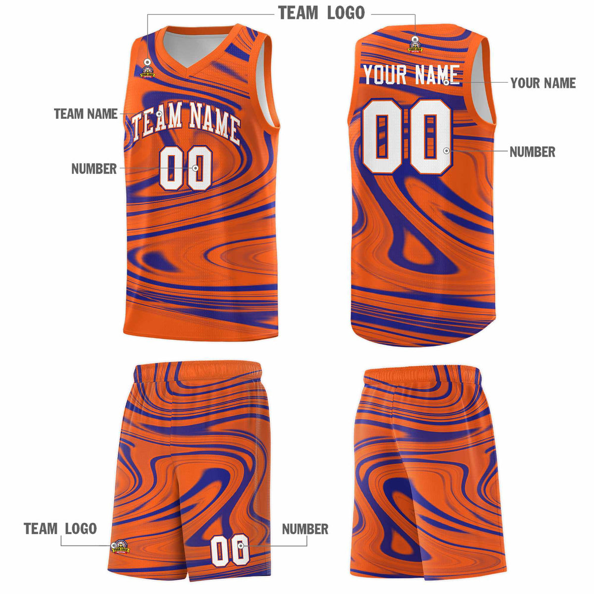 Custom Orange Royal Graffiti Pattern Fluids Style Sports Uniform Basketball Jersey Sets
