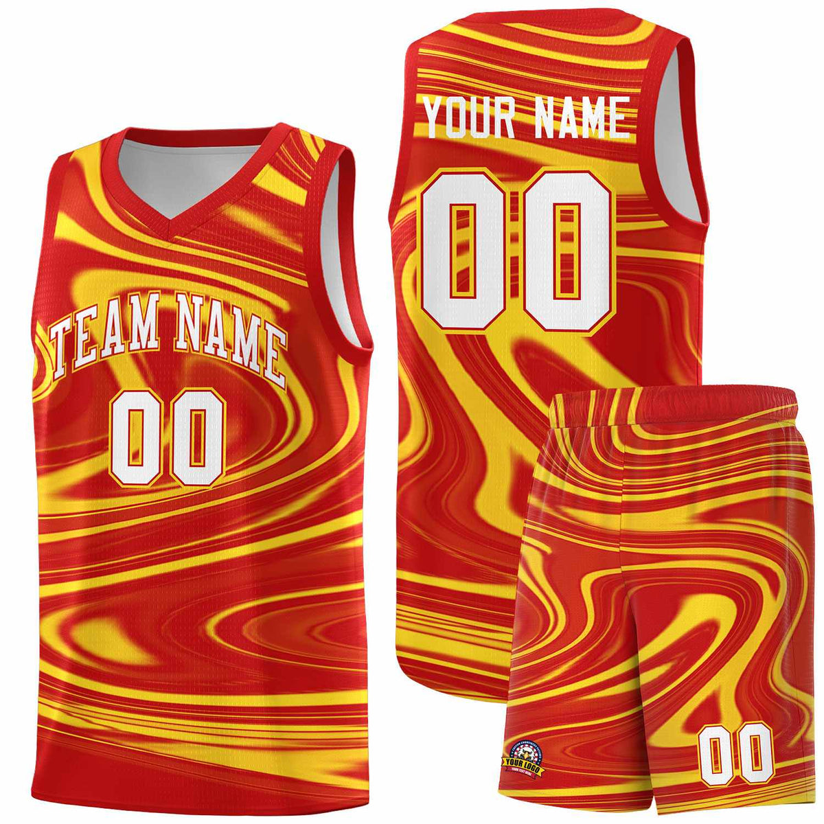 Custom Red Gold Graffiti Pattern Fluids Style Sports Uniform Basketball Jersey Sets