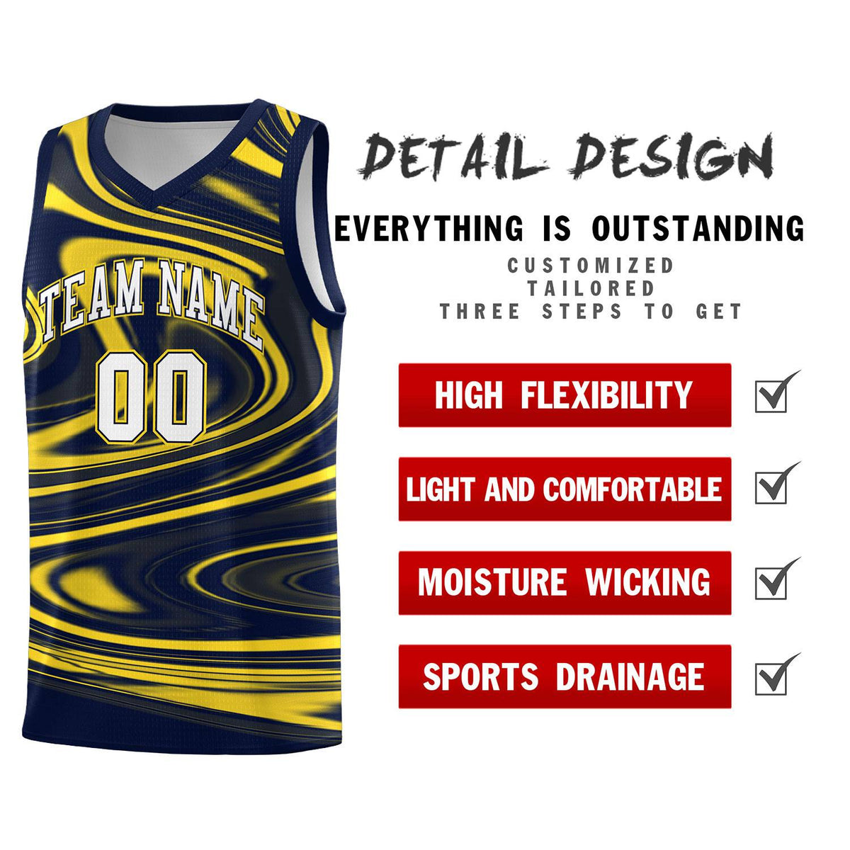Custom Navy Gold Graffiti Pattern Fluids Style Sports Uniform Basketball Jersey Sets