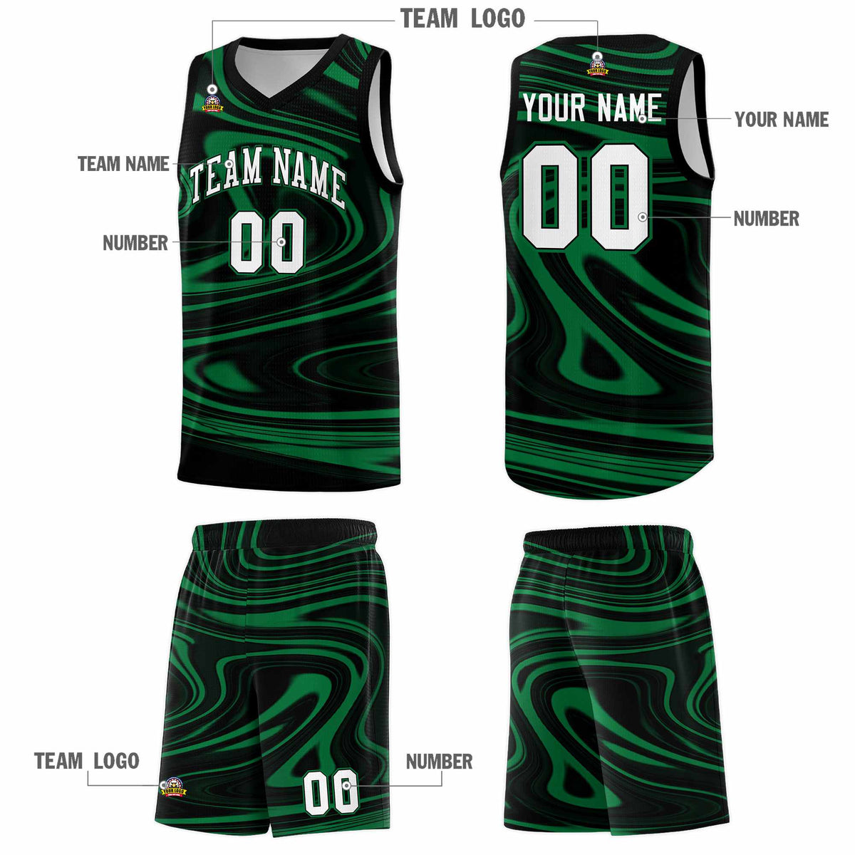 Custom Black Kelly Green Graffiti Pattern Fluids Style Sports Uniform Basketball Jersey Sets