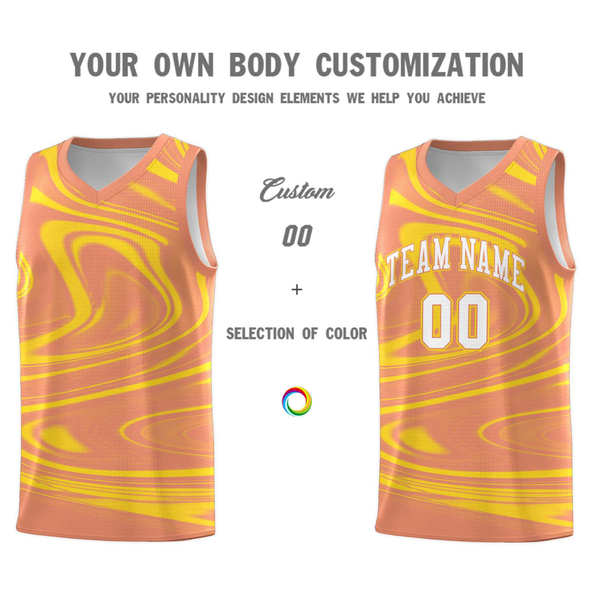 Custom Light Orange Gold Graffiti Pattern Fluids Style Sports Uniform Basketball Jersey Sets