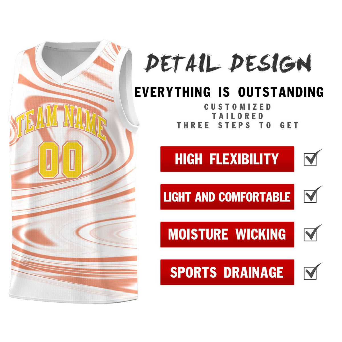 Custom White Light Orange Graffiti Pattern Fluids Style Sports Uniform Basketball Jersey Sets