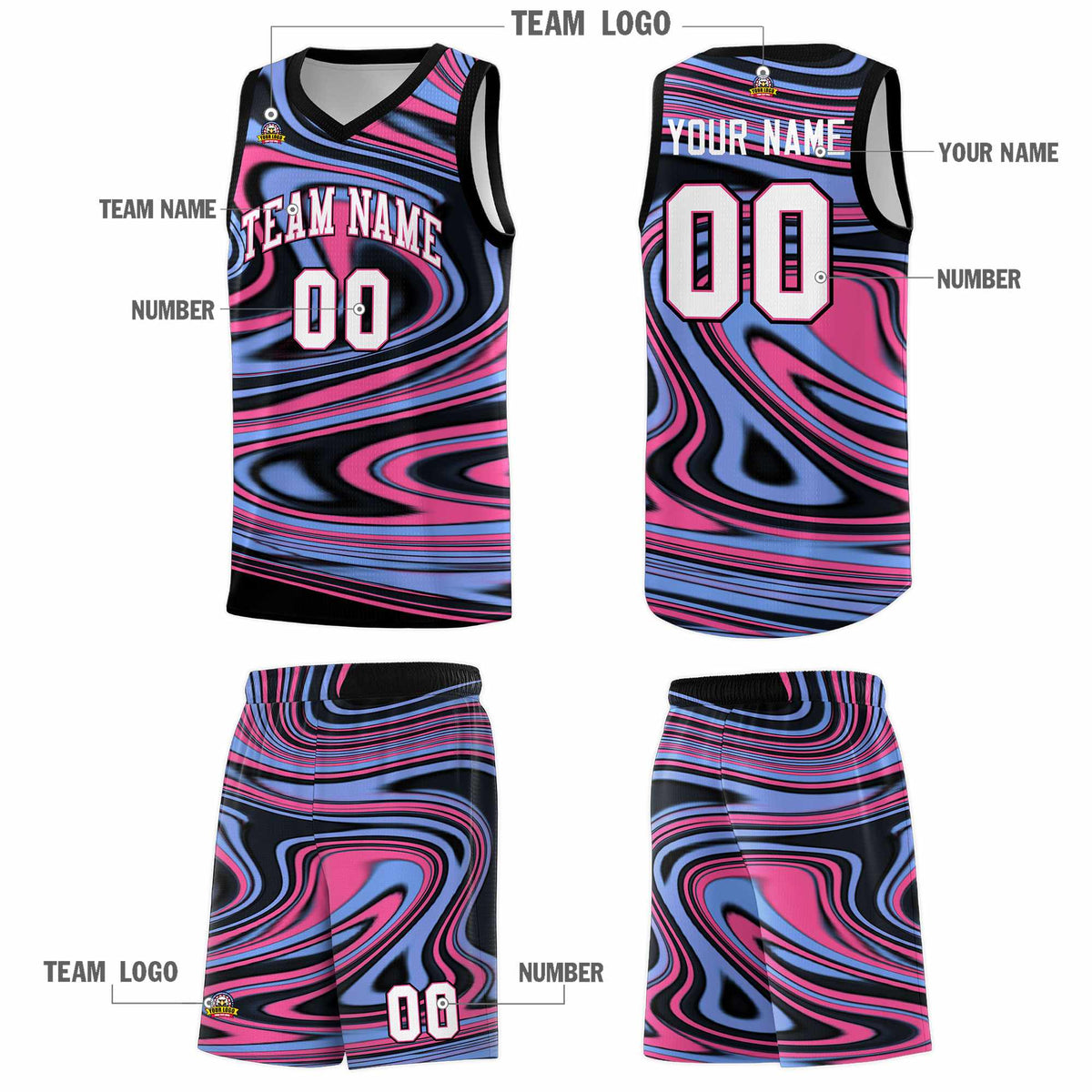 Custom Black Light Blue Graffiti Pattern Fluids Style Sports Uniform Basketball Jersey Sets