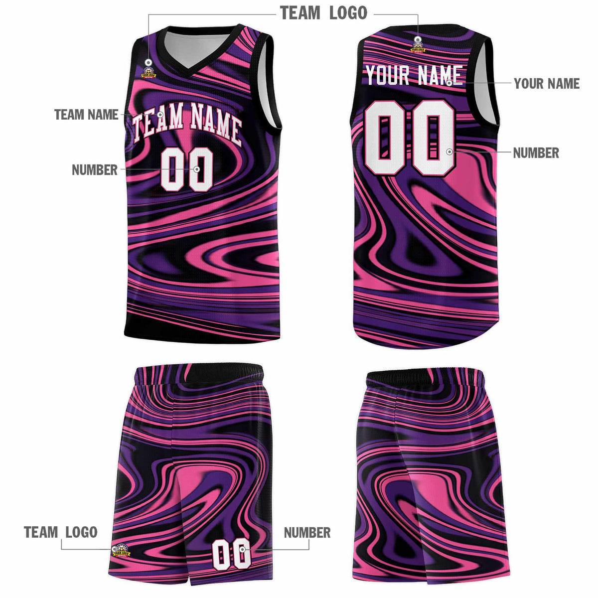 Custom Black Purple Graffiti Pattern Fluids Style Sports Uniform Basketball Jersey Sets
