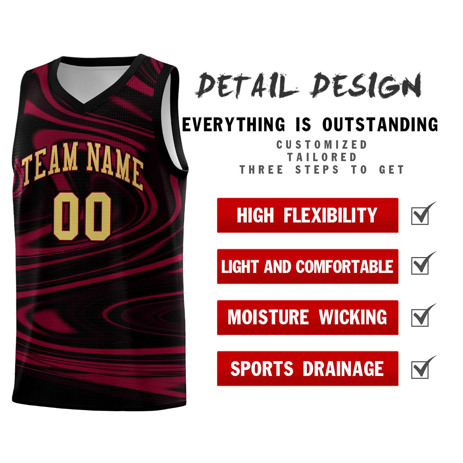 Custom Black Crimson Graffiti Pattern Fluids Style Sports Uniform Basketball Jersey Sets