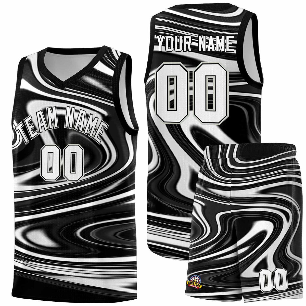 Custom Black White Graffiti Pattern Fluids Style Sports Uniform Basketball Jersey Sets