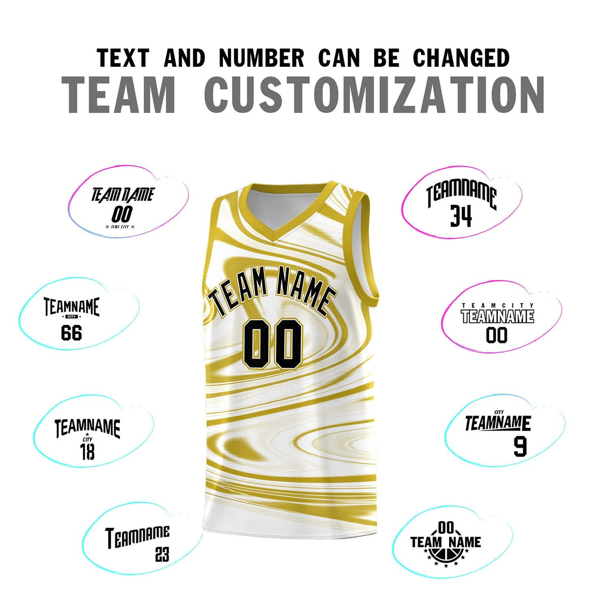 Custom White Old Gold Graffiti Pattern Fluids Style Sports Uniform Basketball Jersey Sets