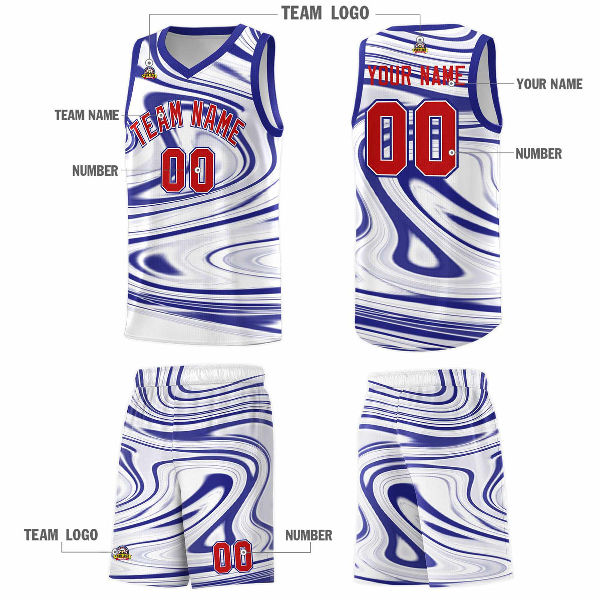 Custom White Royal Graffiti Pattern Fluids Style Sports Uniform Basketball Jersey Sets