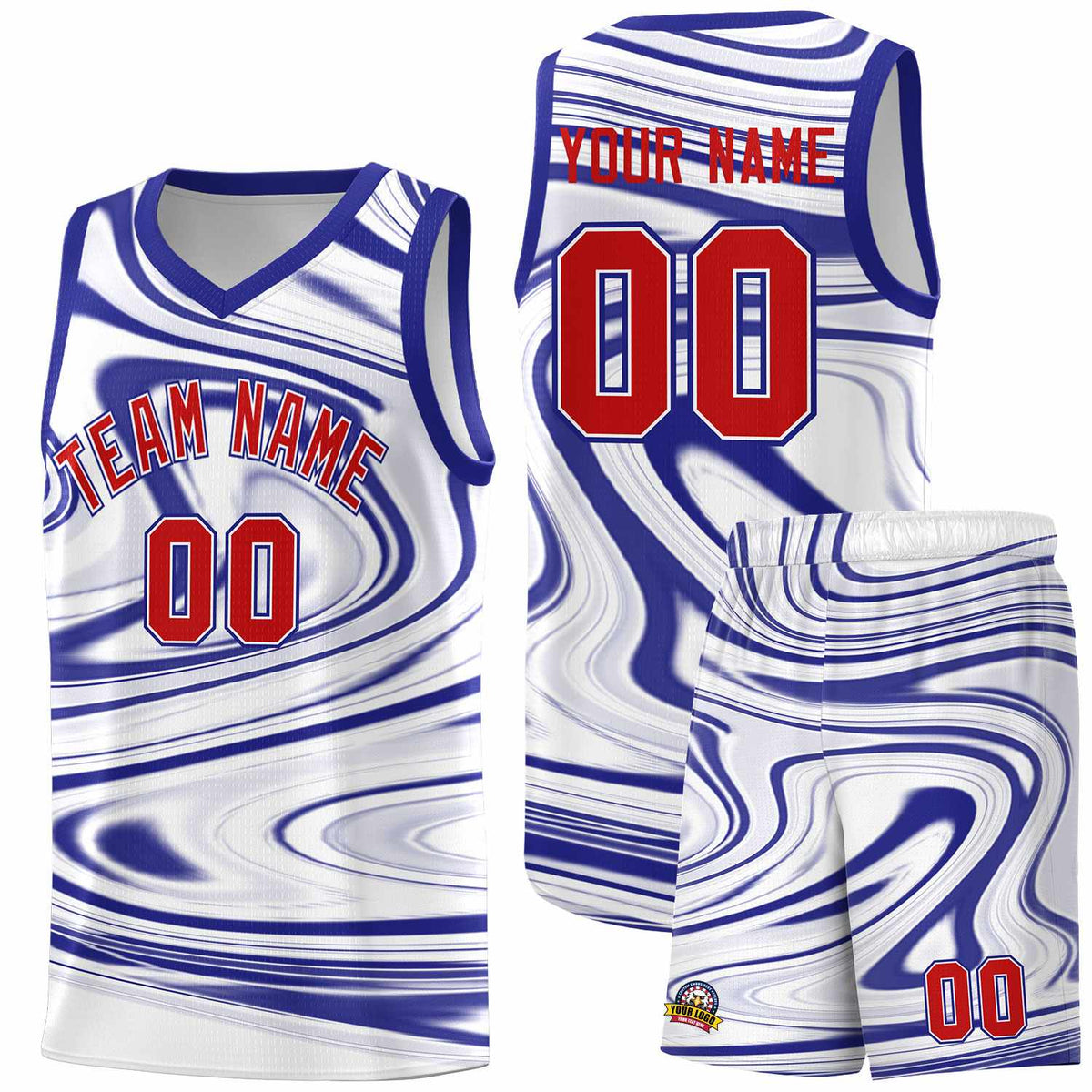 Custom White Royal Graffiti Pattern Fluids Style Sports Uniform Basketball Jersey Sets