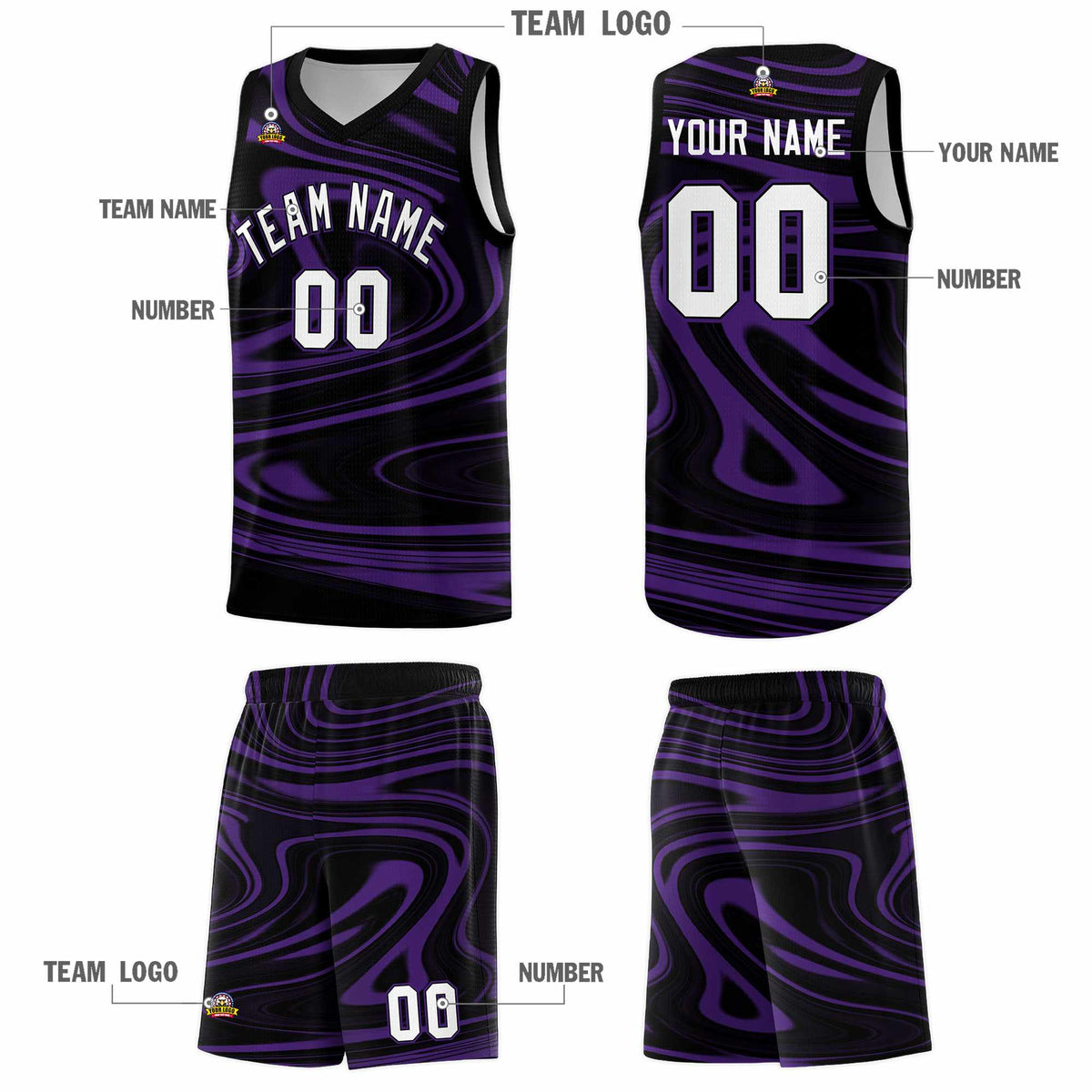 Custom Black Purple Graffiti Pattern Fluids Style Sports Uniform Basketball Jersey Sets