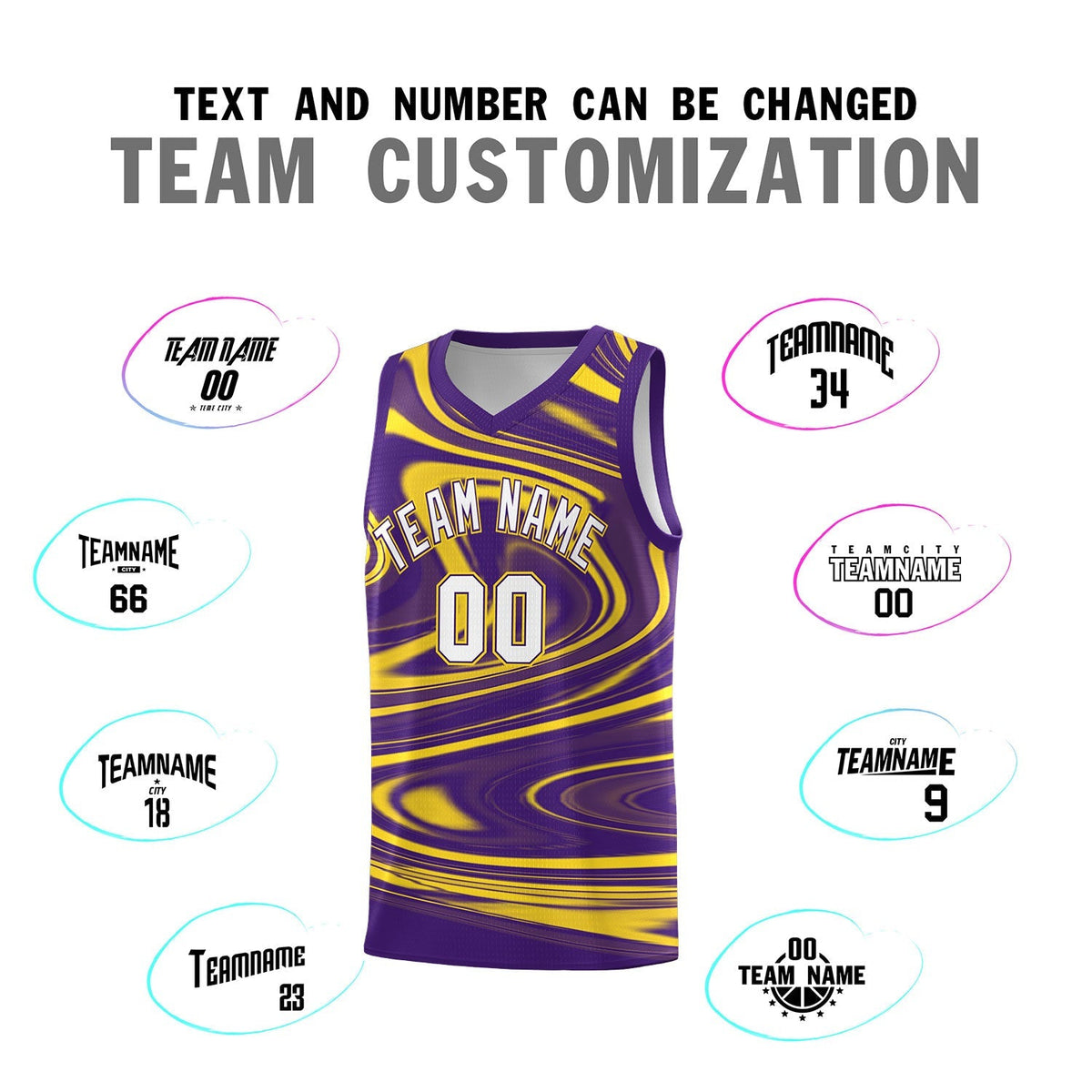 Custom Purple Gold Graffiti Pattern Fluids Style Sports Uniform Basketball Jersey Sets