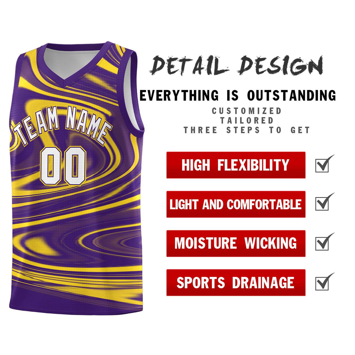Custom Purple Gold Graffiti Pattern Fluids Style Sports Uniform Basketball Jersey Sets