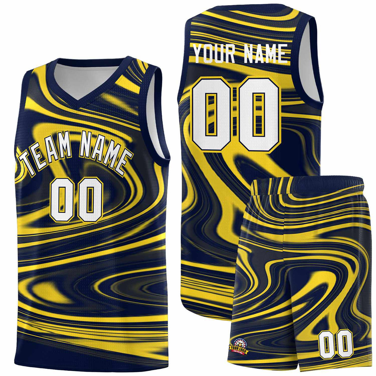Custom Navy Gold Graffiti Pattern Fluids Style Sports Uniform Basketball Jersey Sets