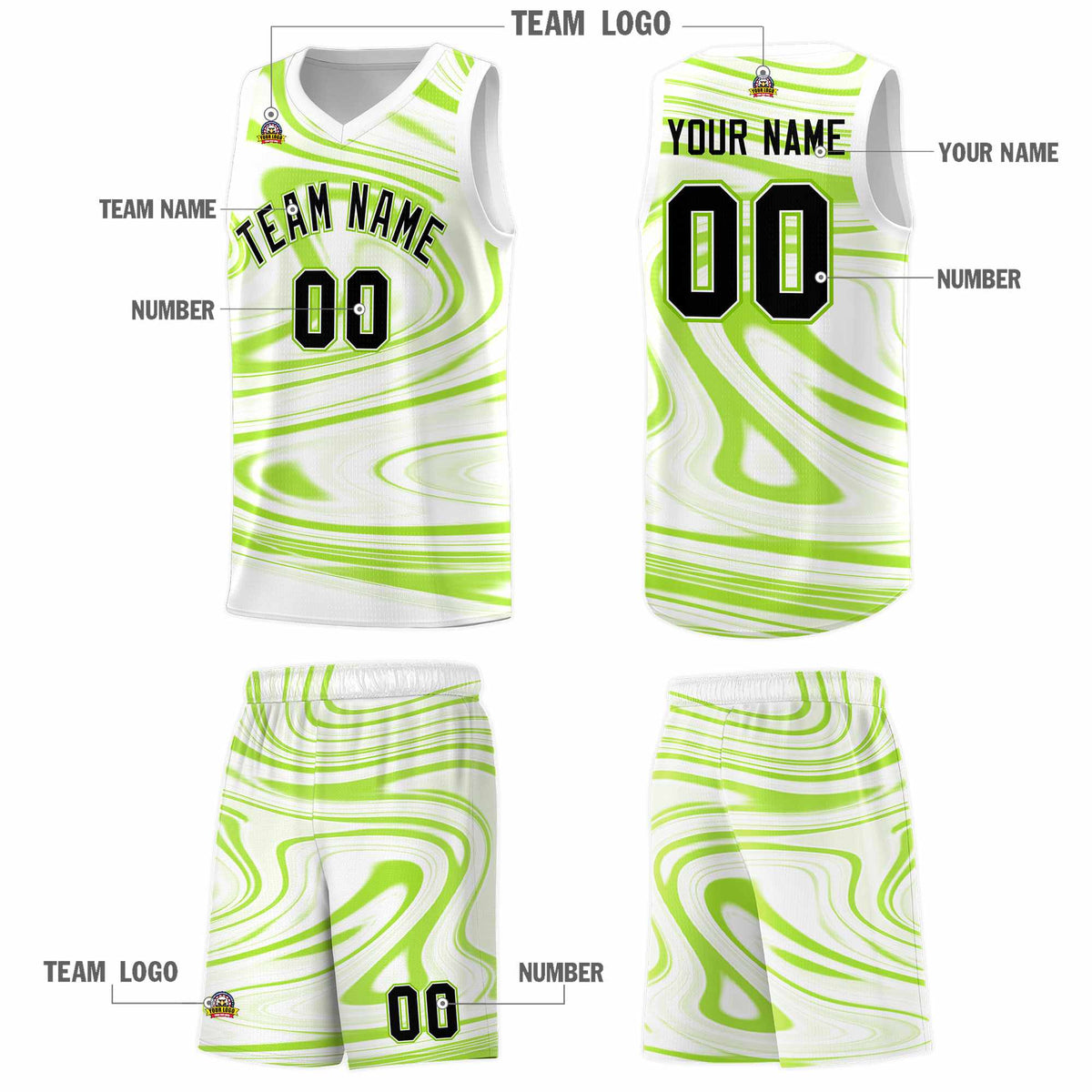Custom White Light Green Graffiti Pattern Fluids Style Sports Uniform Basketball Jersey Sets