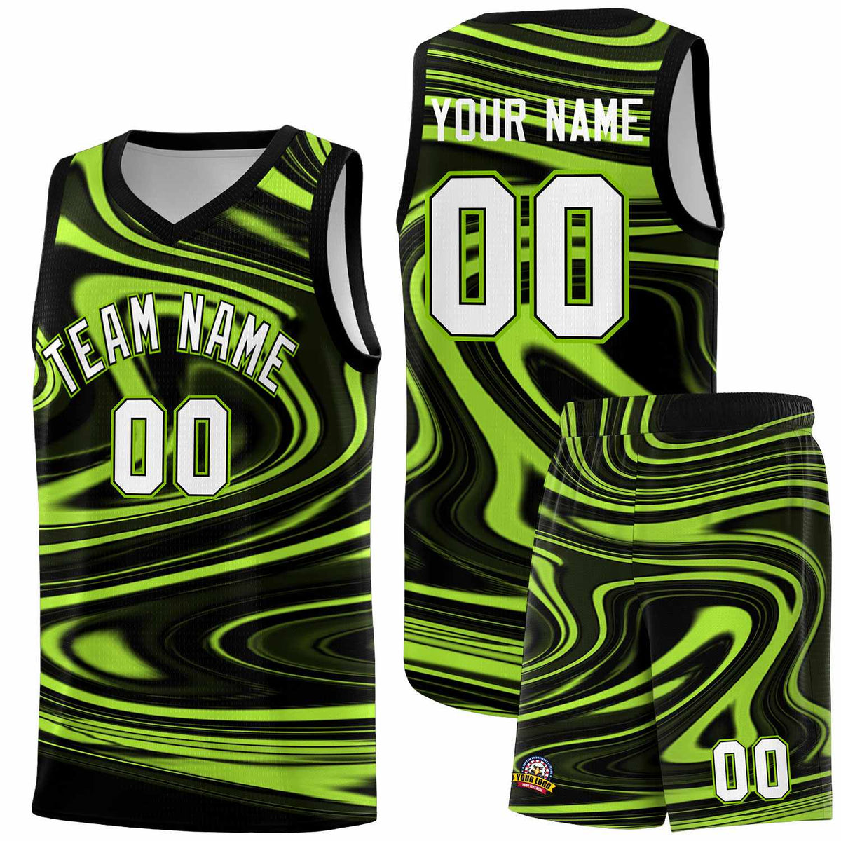 Custom Black Light Green Graffiti Pattern Fluids Style Sports Uniform Basketball Jersey Sets