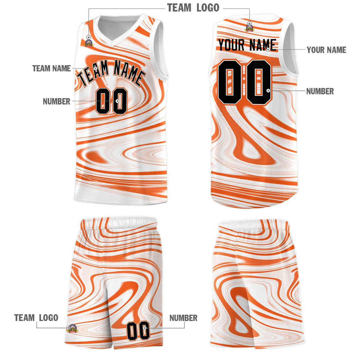 Custom White Orange Graffiti Pattern Fluids Style Sports Uniform Basketball Jersey Sets