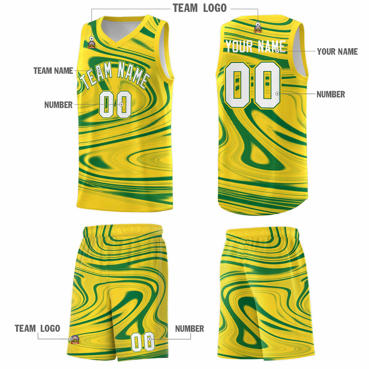 Custom Gold Kelly Green Graffiti Pattern Fluids Style Sports Uniform Basketball Jersey Sets