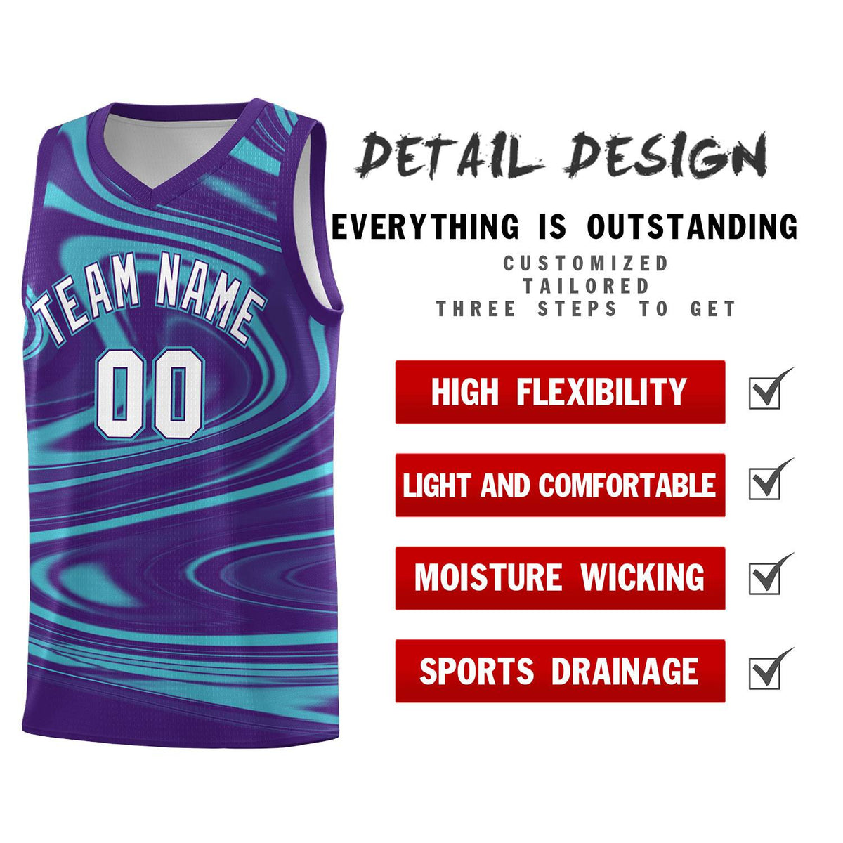 Custom Purple Aqua Graffiti Pattern Fluids Style Sports Uniform Basketball Jersey Sets
