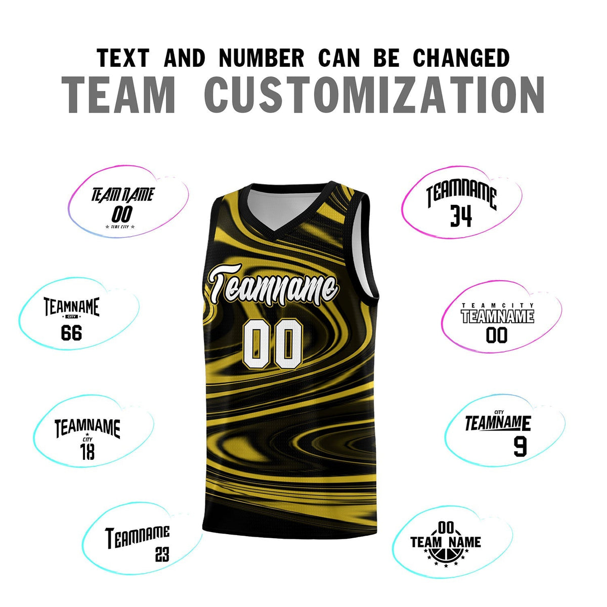 Custom Black Old Gold Graffiti Pattern Fluids Style Sports Uniform Basketball Jersey Sets