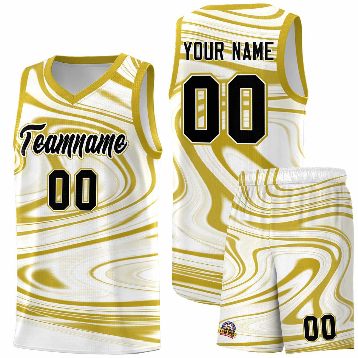 Custom White Old Gold Graffiti Pattern Fluids Style Sports Uniform Basketball Jersey Sets