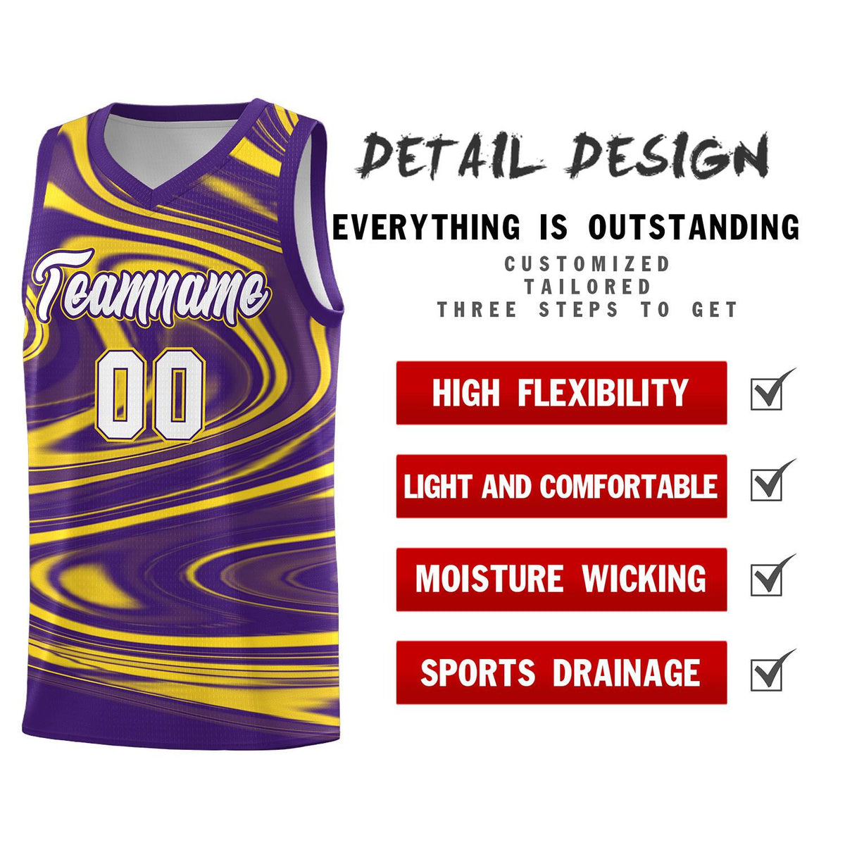 Custom Purple Gold Graffiti Pattern Fluids Style Sports Uniform Basketball Jersey Sets