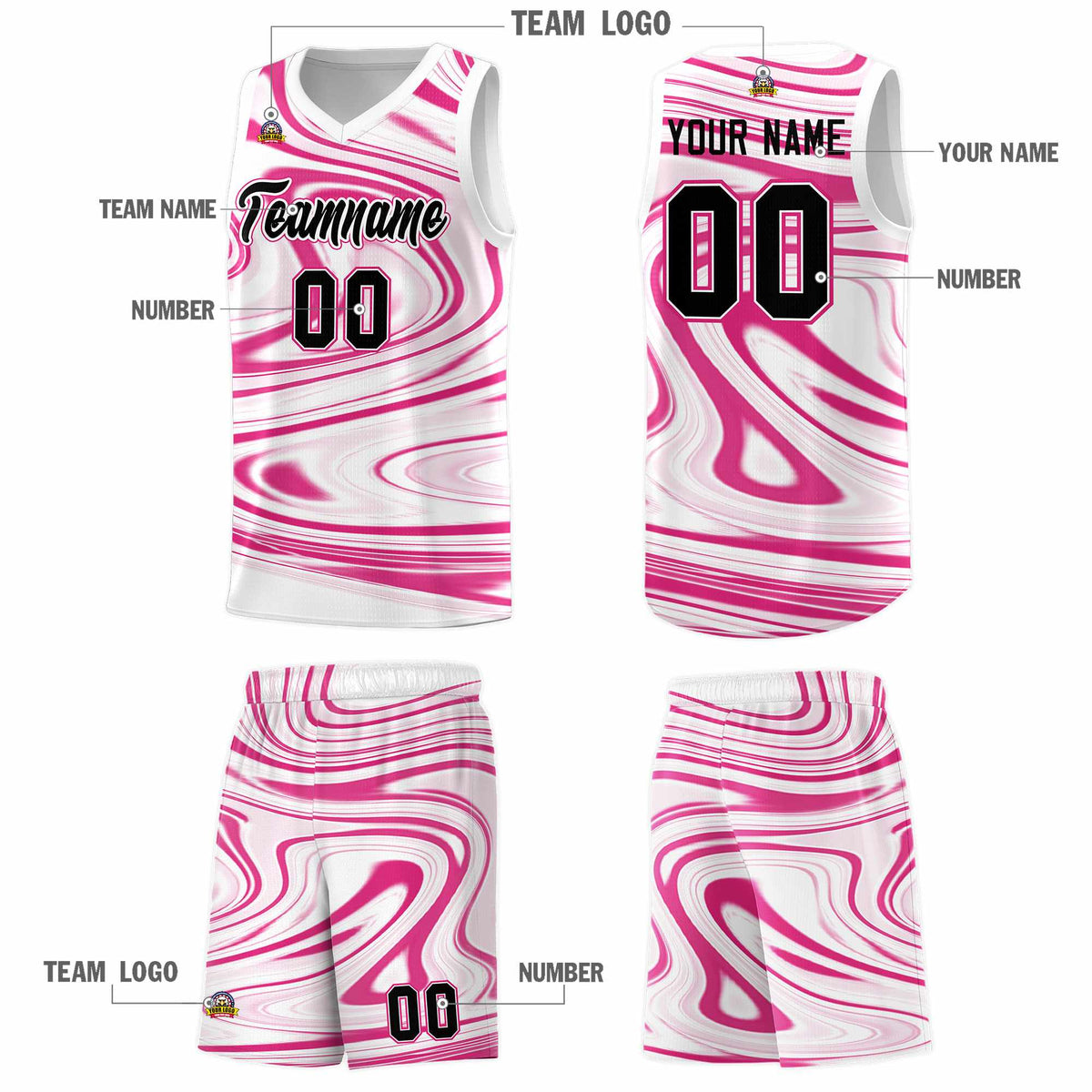 Custom White Pink Graffiti Pattern Fluids Style Sports Uniform Basketball Jersey Sets