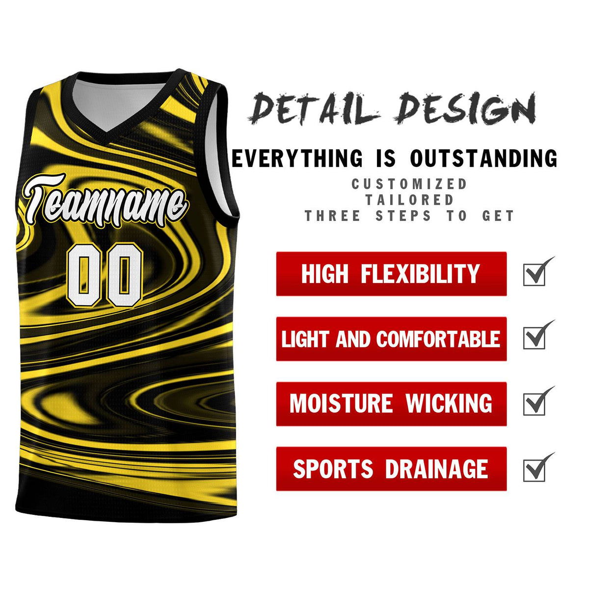 Custom Black Gold Graffiti Pattern Fluids Style Sports Uniform Basketball Jersey Sets