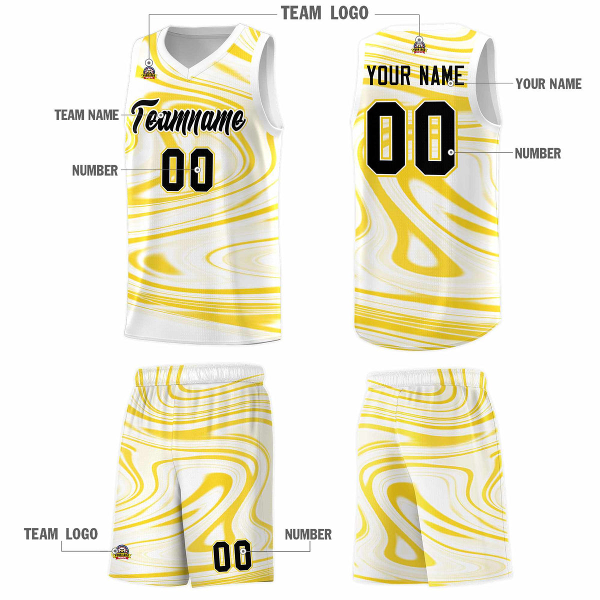 Custom White Gold Graffiti Pattern Fluids Style Sports Uniform Basketball Jersey Sets