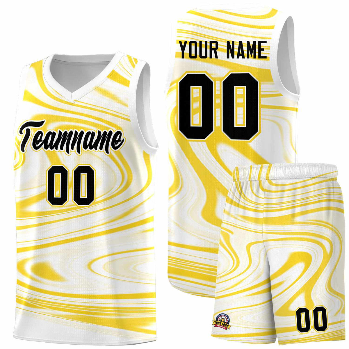 Custom White Gold Graffiti Pattern Fluids Style Sports Uniform Basketball Jersey Sets