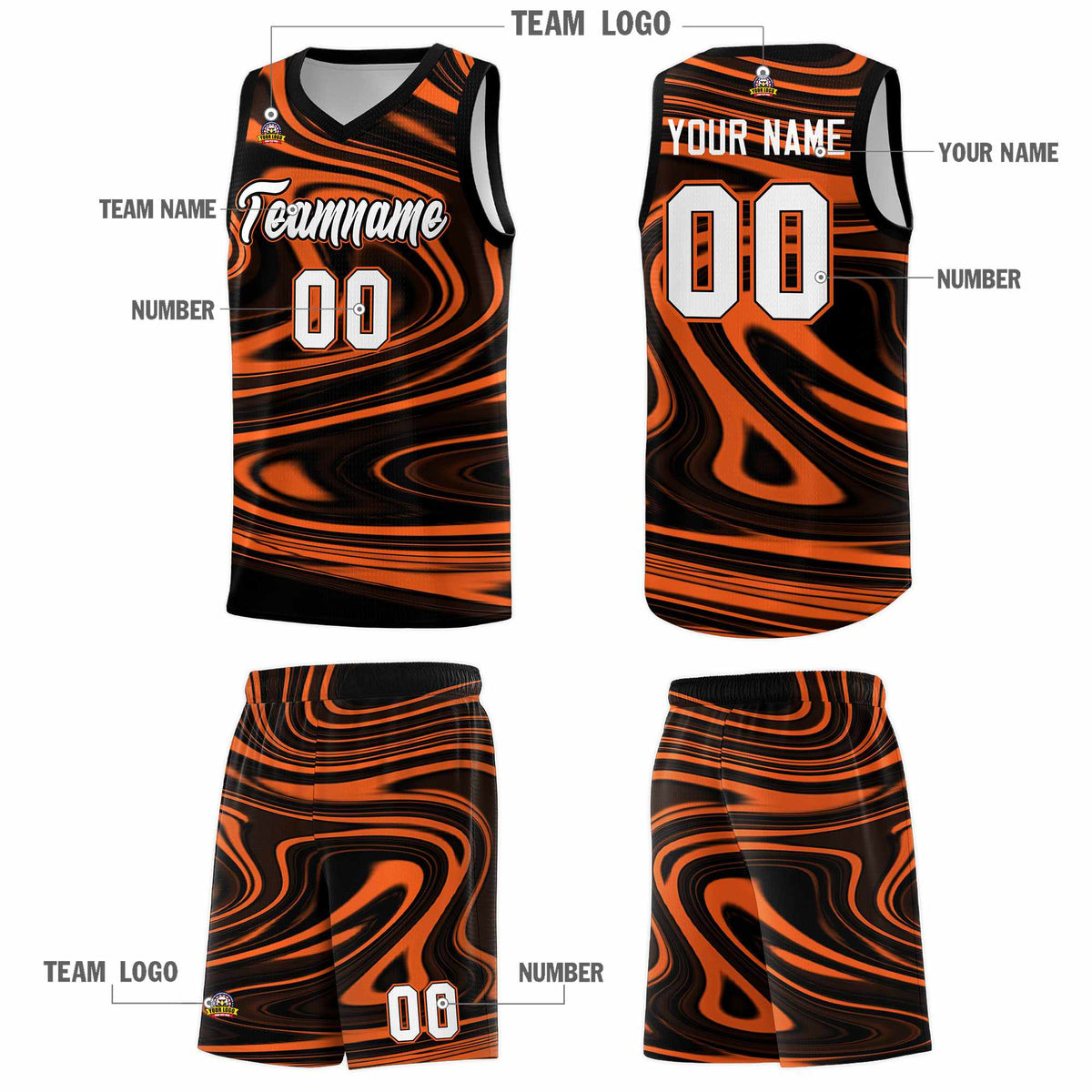 Custom Black Orange Graffiti Pattern Fluids Style Sports Uniform Basketball Jersey Sets