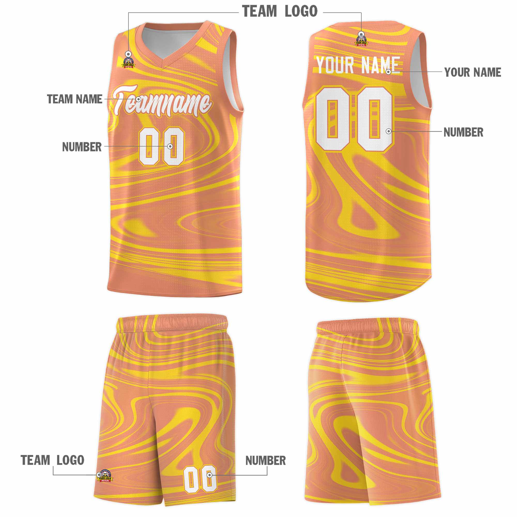 Custom Light Orange Gold Graffiti Pattern Fluids Style Sports Uniform Basketball Jersey Sets