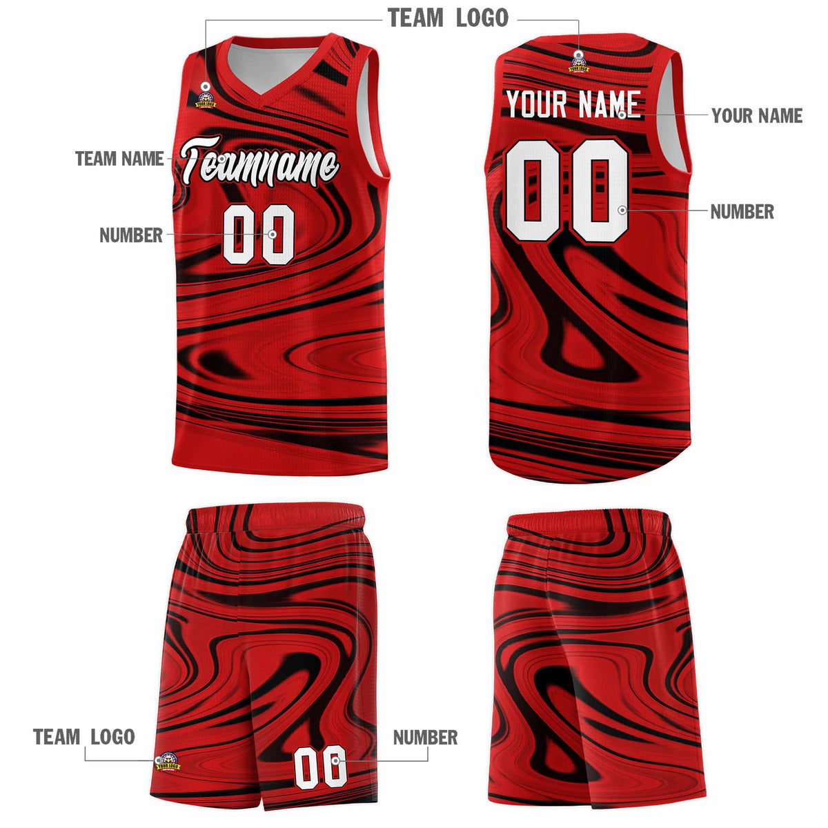 Custom Red Black Graffiti Pattern Fluids Style Sports Uniform Basketball Jersey Sets