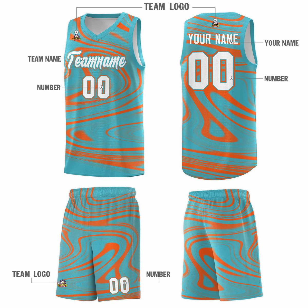 Custom Aqua Orange Graffiti Pattern Fluids Style Sports Uniform Basketball Jersey Sets