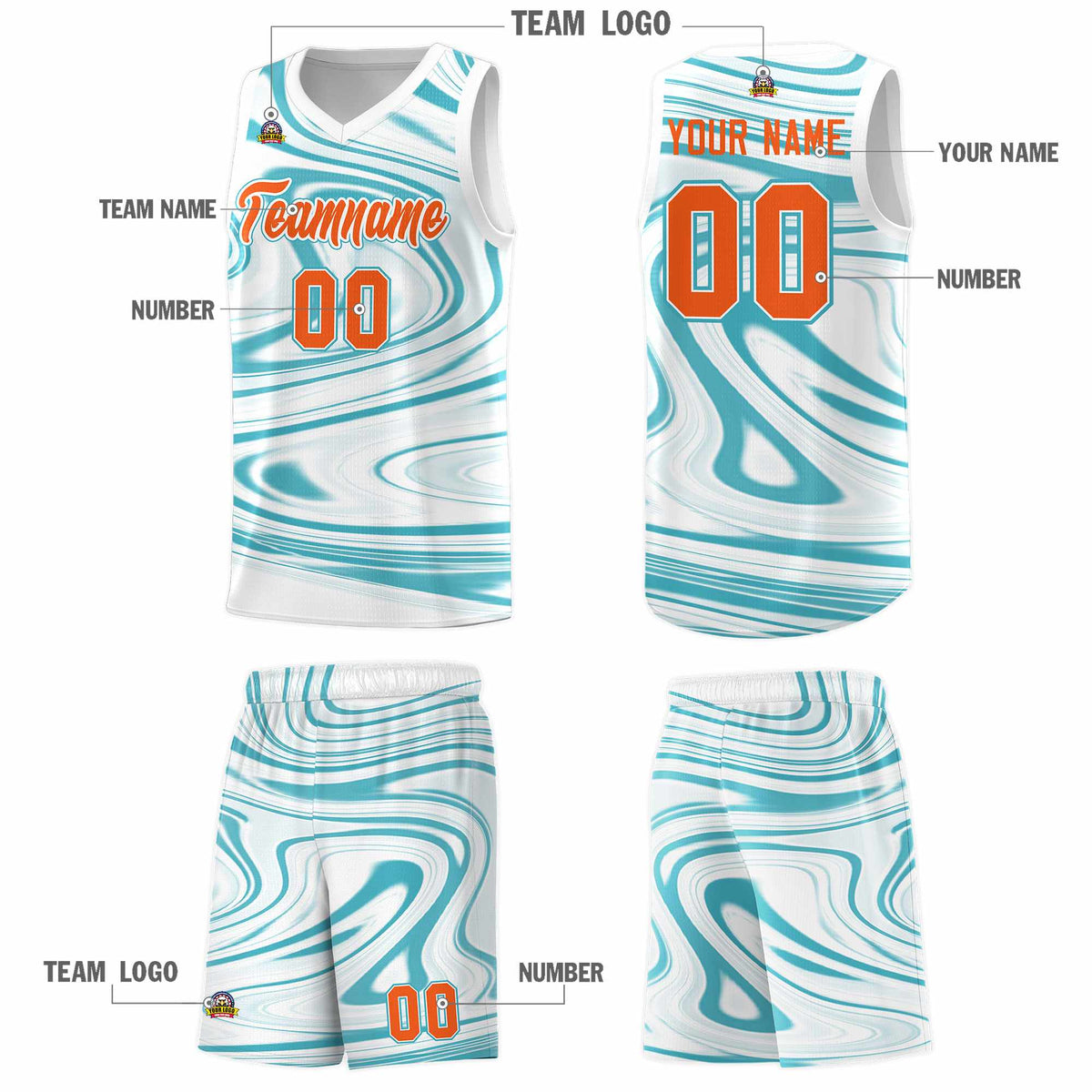 Custom White Aqua Graffiti Pattern Fluids Style Sports Uniform Basketball Jersey Sets