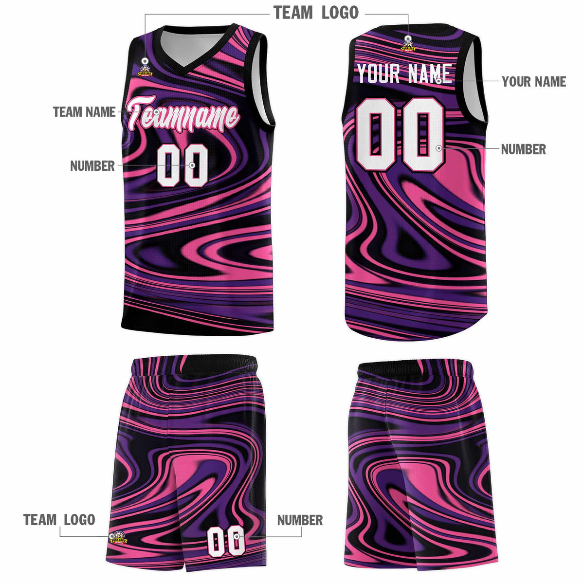 Custom Black Purple Graffiti Pattern Fluids Style Sports Uniform Basketball Jersey Sets