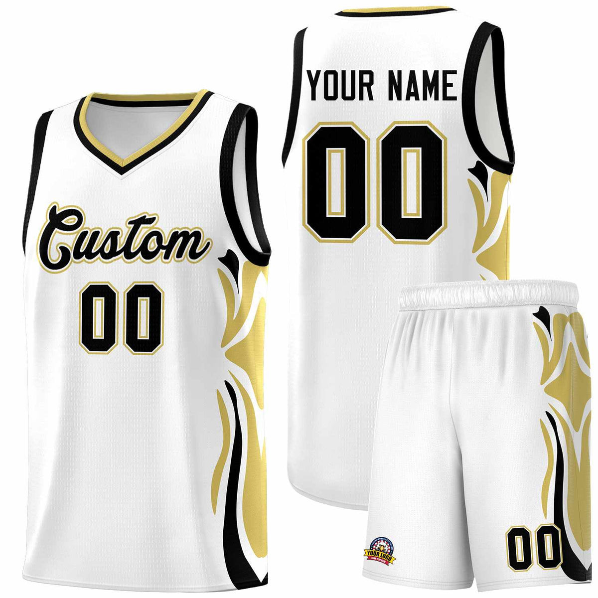 Custom White Black-Old Gold Graffiti Pattern Side Curve Pattern Sports Uniform Basketball Jersey Sets