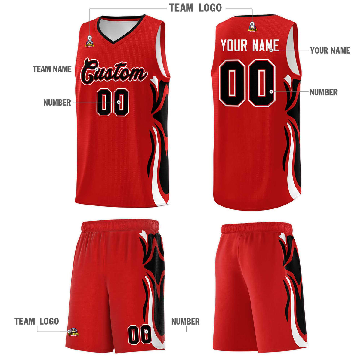 Custom Red Black-White Graffiti Pattern Side Curve Pattern Sports Uniform Basketball Jersey Sets