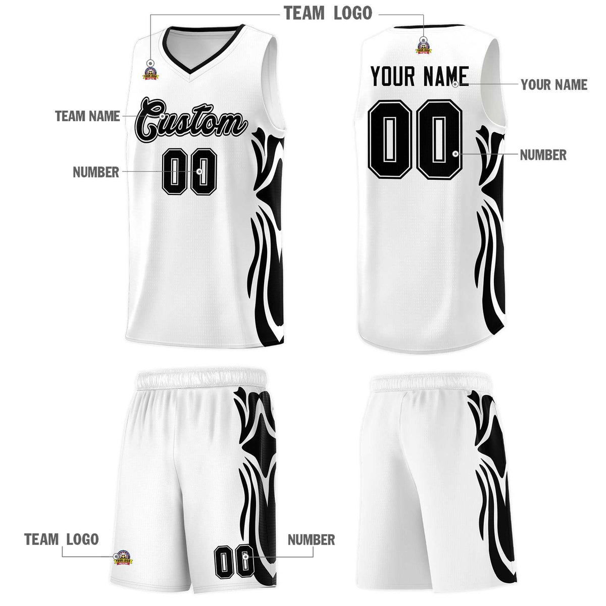Custom White Black-Black Graffiti Pattern Side Curve Pattern Sports Uniform Basketball Jersey Sets
