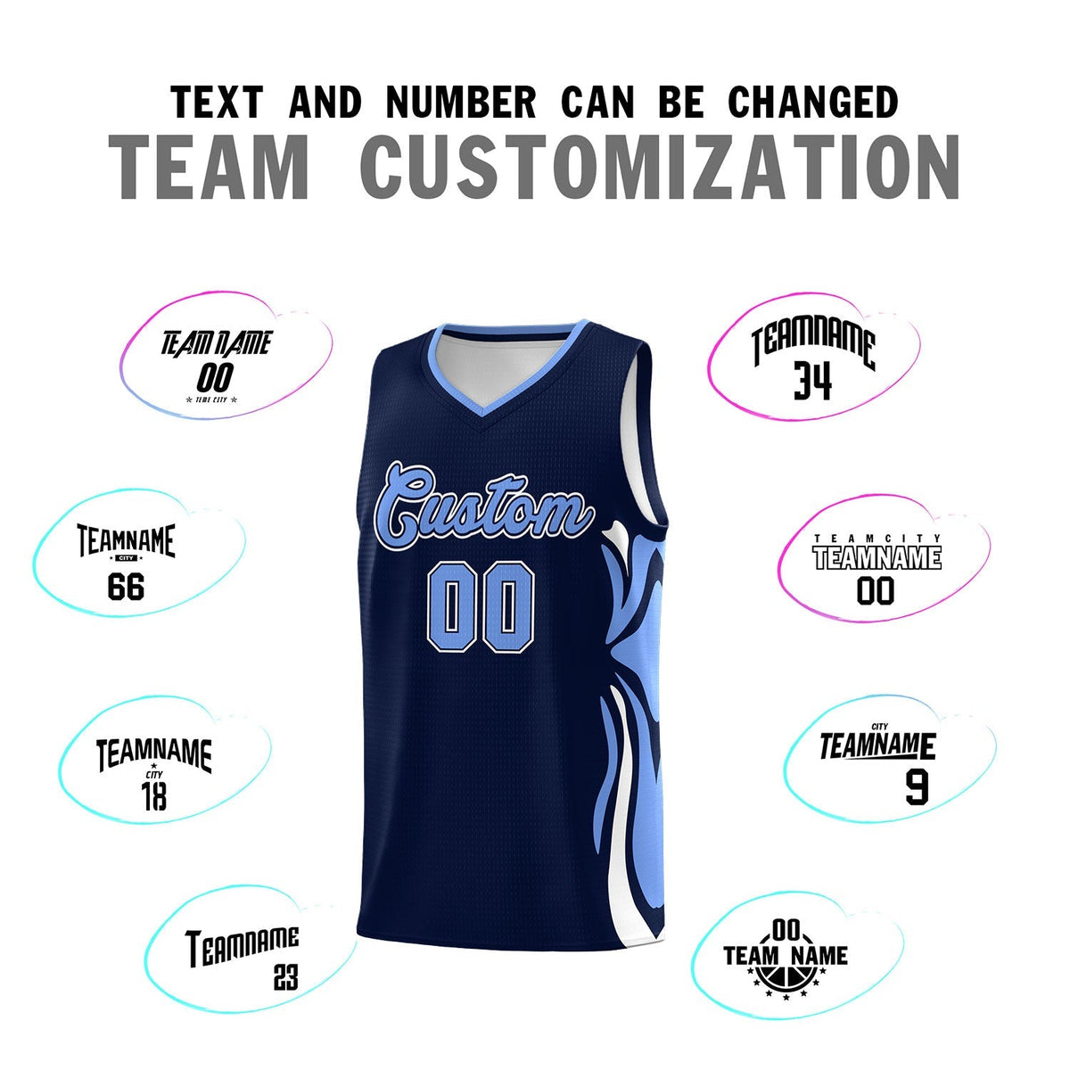 Custom Navy Light Blue-White Graffiti Pattern Side Curve Pattern Sports Uniform Basketball Jersey Sets
