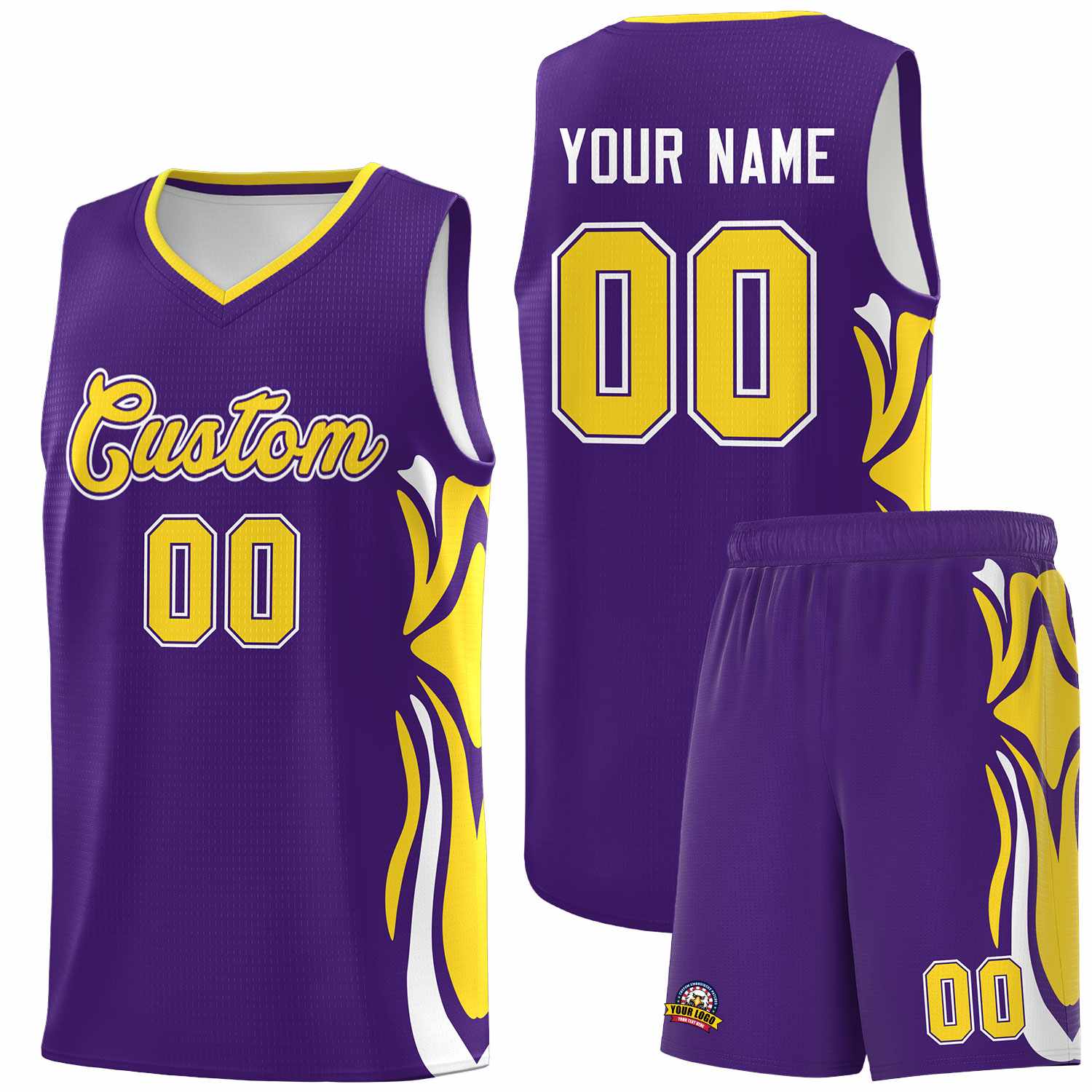 Custom Purple Gold-White Graffiti Pattern Side Curve Pattern Sports Uniform Basketball Jersey Sets